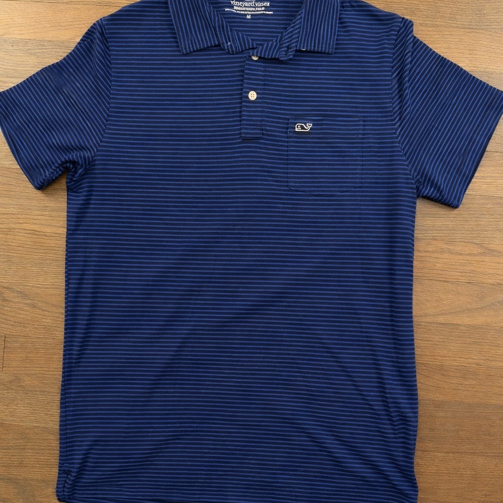Vineyard Vines Edgartown Polo Men’s Medium Navy Blue Stripe Whale Logo